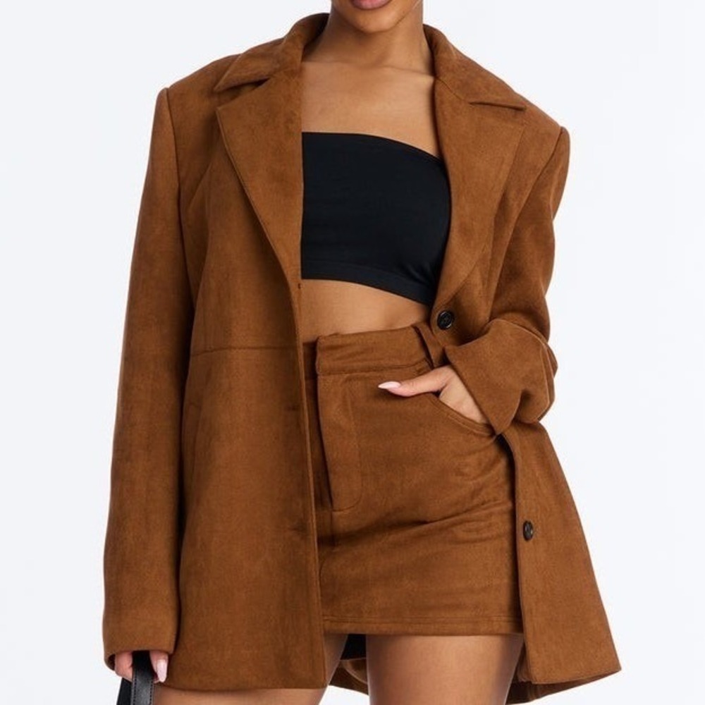Set Faux Suede Jacket Skirt Set Brown Sz XS Fashion Nova - Picture 2 of 8